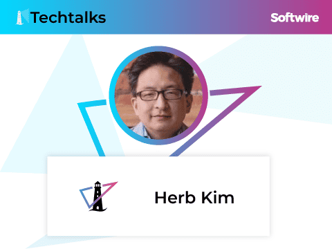 Promotional graphic for a podcast episode featuring Herb Kim. The TechTalks logo is at the top with a geometric background in shades of blue and pink. A photo of Herb Kim, wearing glasses, is centered within a circular frame. Below is a name tag with a fountain pen logo next to 'Herb Kim'. The corner banner says 'Softwire'