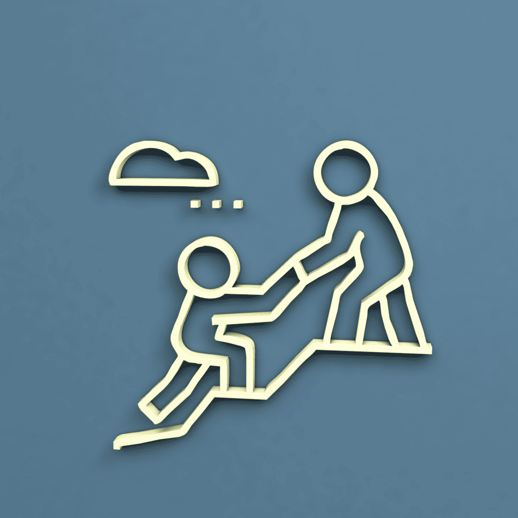 Illustration of two stick figures in a mentoring situation. The figure on the right is helping the other figure on the left to stand up, symbolizing support and assistance. Above them is a thought bubble with three dots, indicating thinking or conversation. The background is a flat blue color, and the figures are outlined in a contrasting yellow, creating a minimalist and modern design.