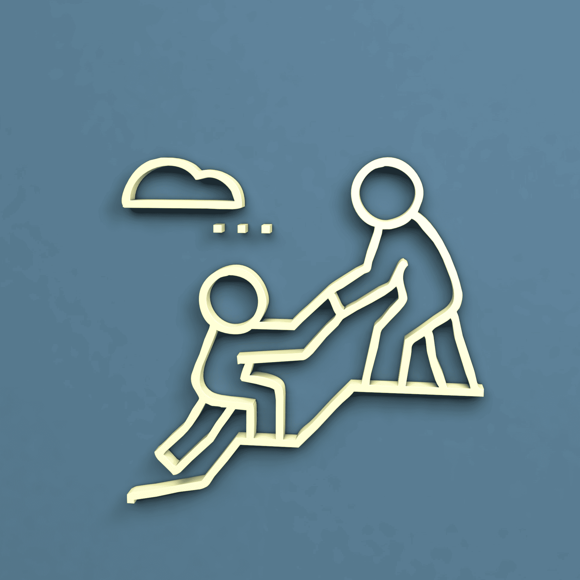 Illustration of two stick figures in a mentoring situation. The figure on the right is helping the other figure on the left to stand up, symbolizing support and assistance. Above them is a thought bubble with three dots, indicating thinking or conversation. The background is a flat blue color, and the figures are outlined in a contrasting yellow, creating a minimalist and modern design.