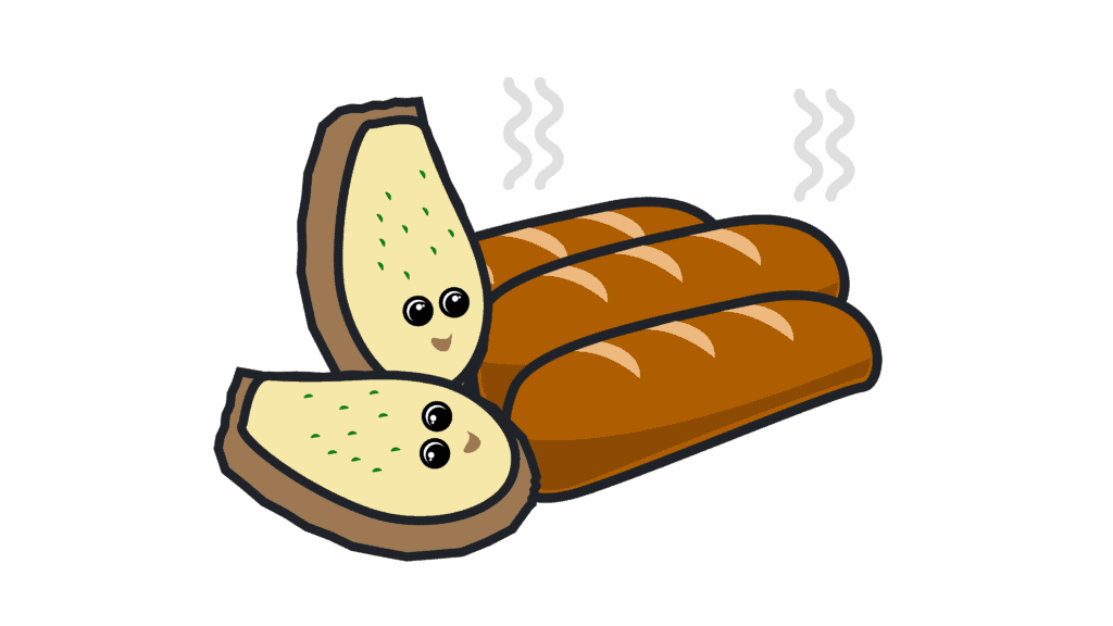 data_spagettii_Garlic bread - Softwire A playful cartoon graphic of pasta sides showing two pieces of garlic bread with eyes and a smile, accompanied by three baguettes with waves lines illustrating steam.