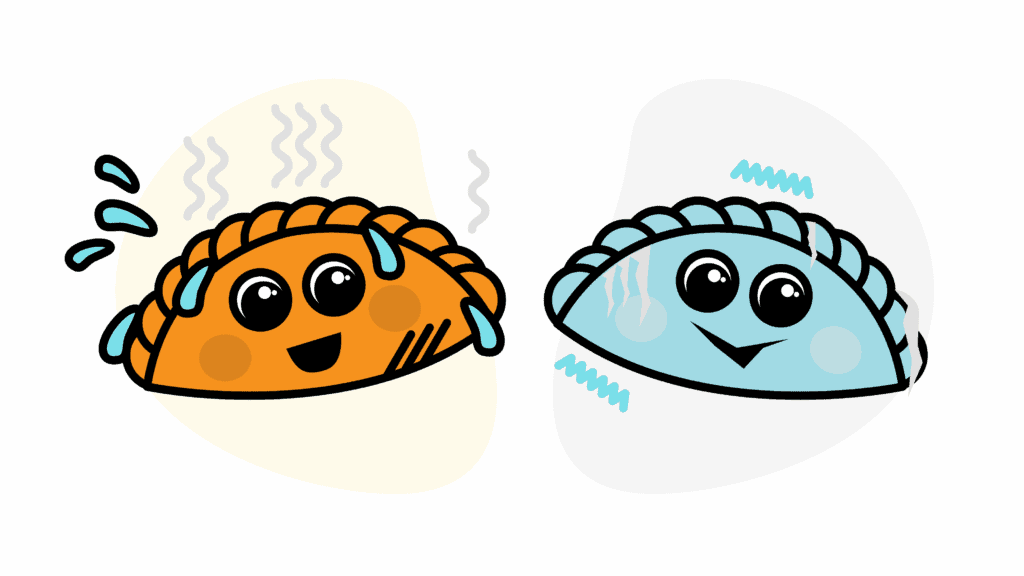 data_spagettii_hotColdPasties - Softwire Two cartoon-style pasties with expressive faces, representing hot and cold states. The orange pasty on the left is sweating with visible heat lines and droplets, smiling with wide eyes and flushed cheeks. The blue pasty on the right appears chilled, with shivering lines and icicle-like marks, also smiling but with a cool demeanor. The background features warm and cool color accents behind each pasty to emphasize temperature contrast.