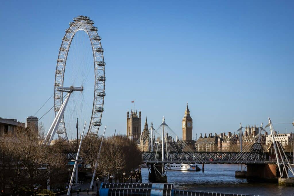 A photo of London South Bank, showing the London eye and Houses Of Parliament in the background.