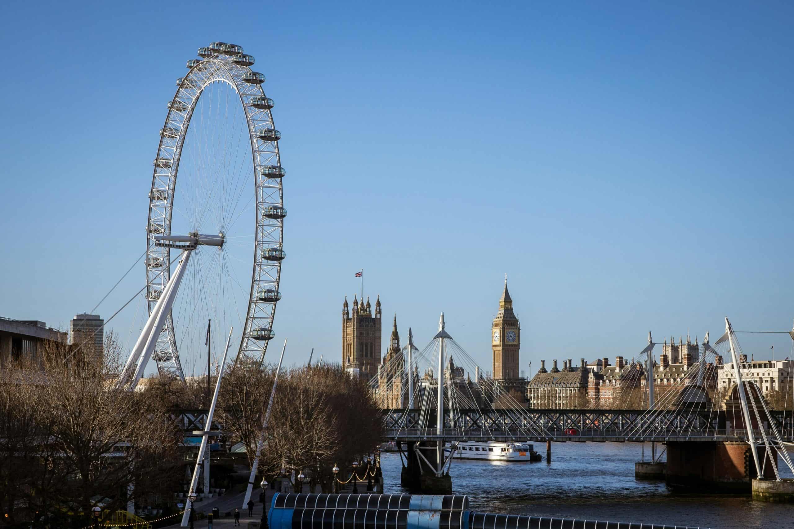A photo of London South Bank, showing the London eye and Houses Of Parliament in the background.