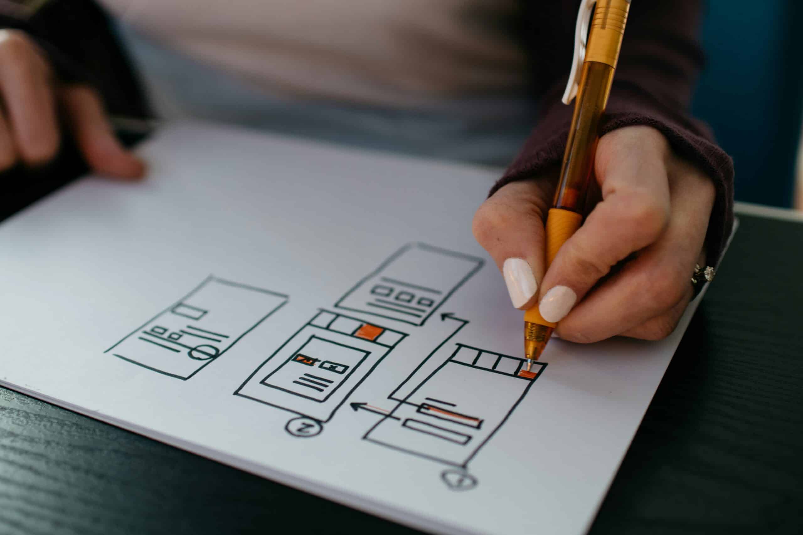 A close up of a hand manually drawing a UX design on paper