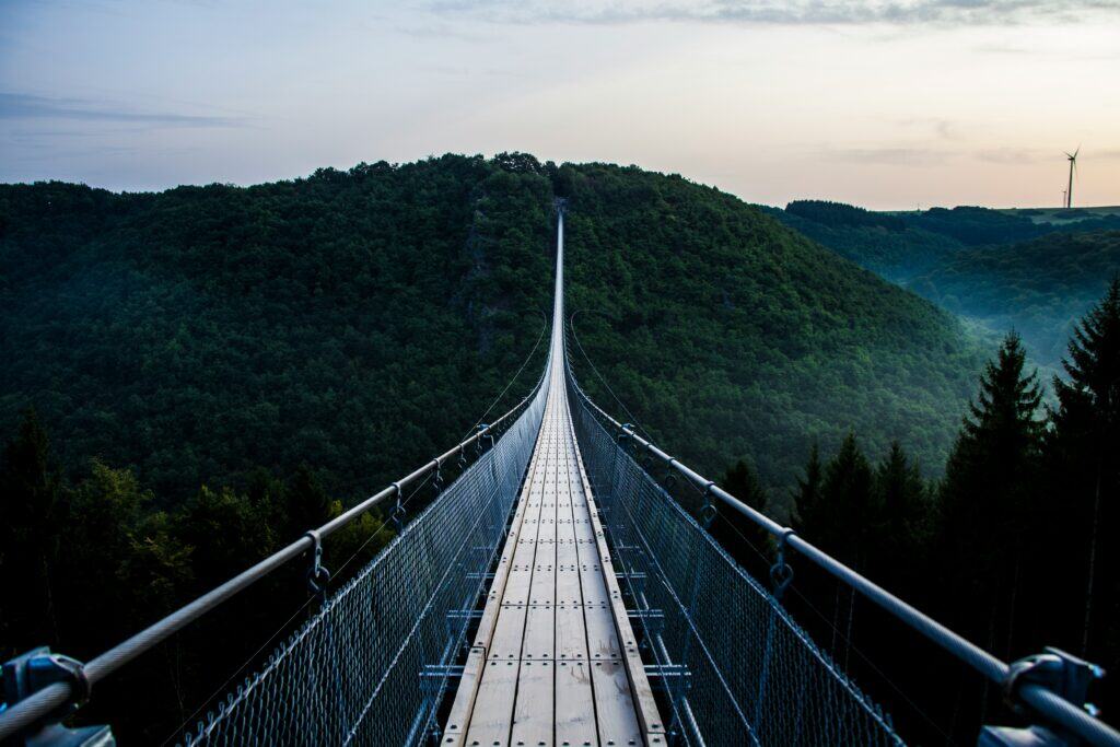 A long suspension bridge stretching across a deep forested valley toward a distant hill, symbolising progress, connection, and navigating uncertainty.