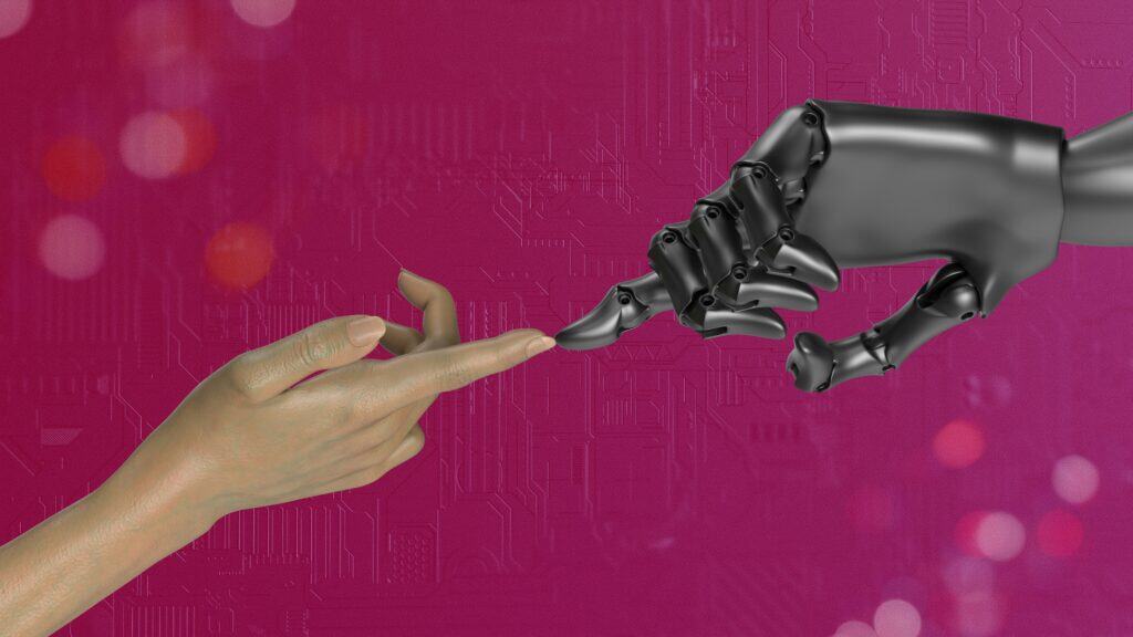 A human hand reaches out to touch the fingertip of a robotic hand against a magenta, circuit-patterned background, symbolising human and AI collaboration.