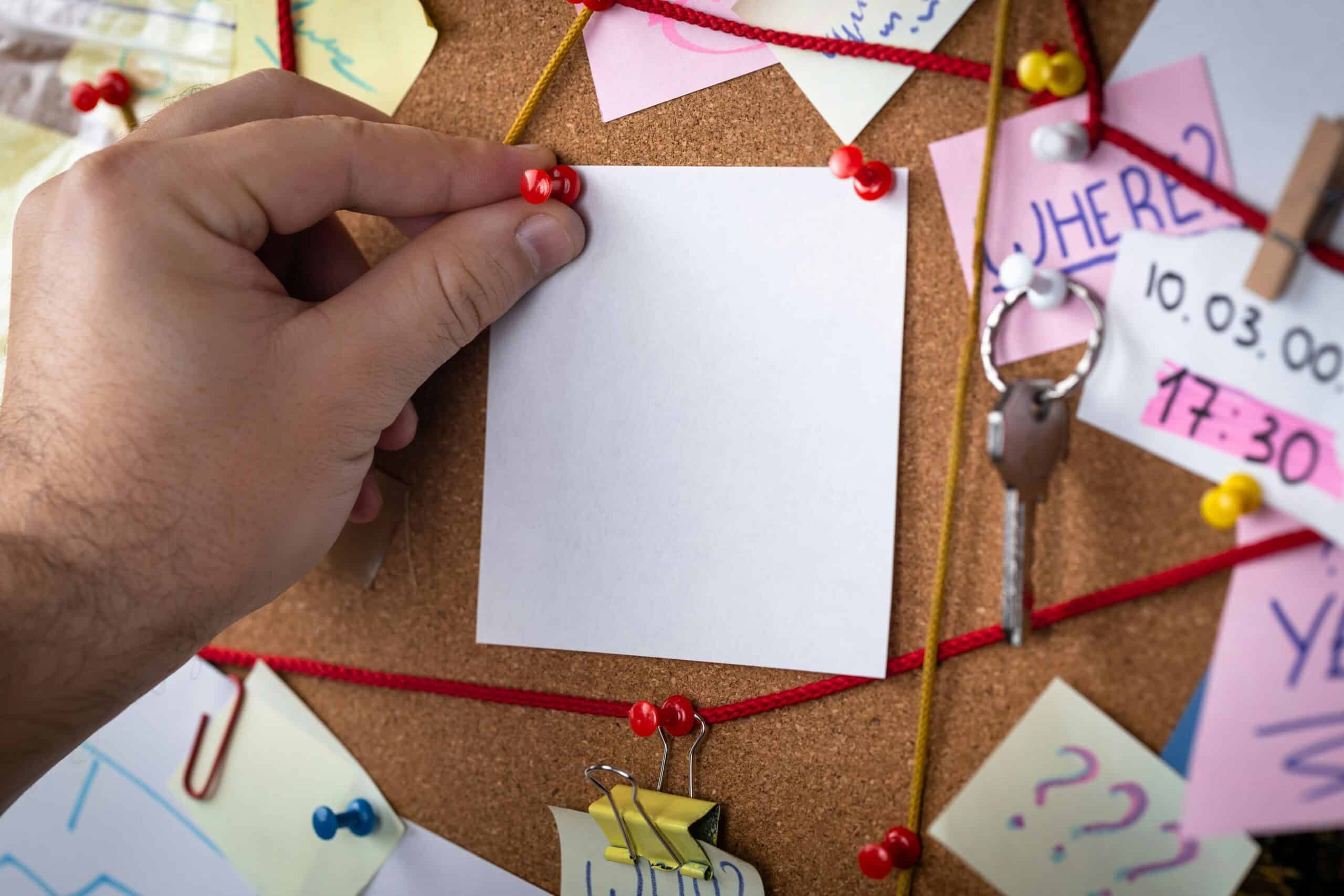 A hand pinning a blank white note to a corkboard covered with pinned papers, coloured string, push pins, and keys arranged like a planning or investigation board.